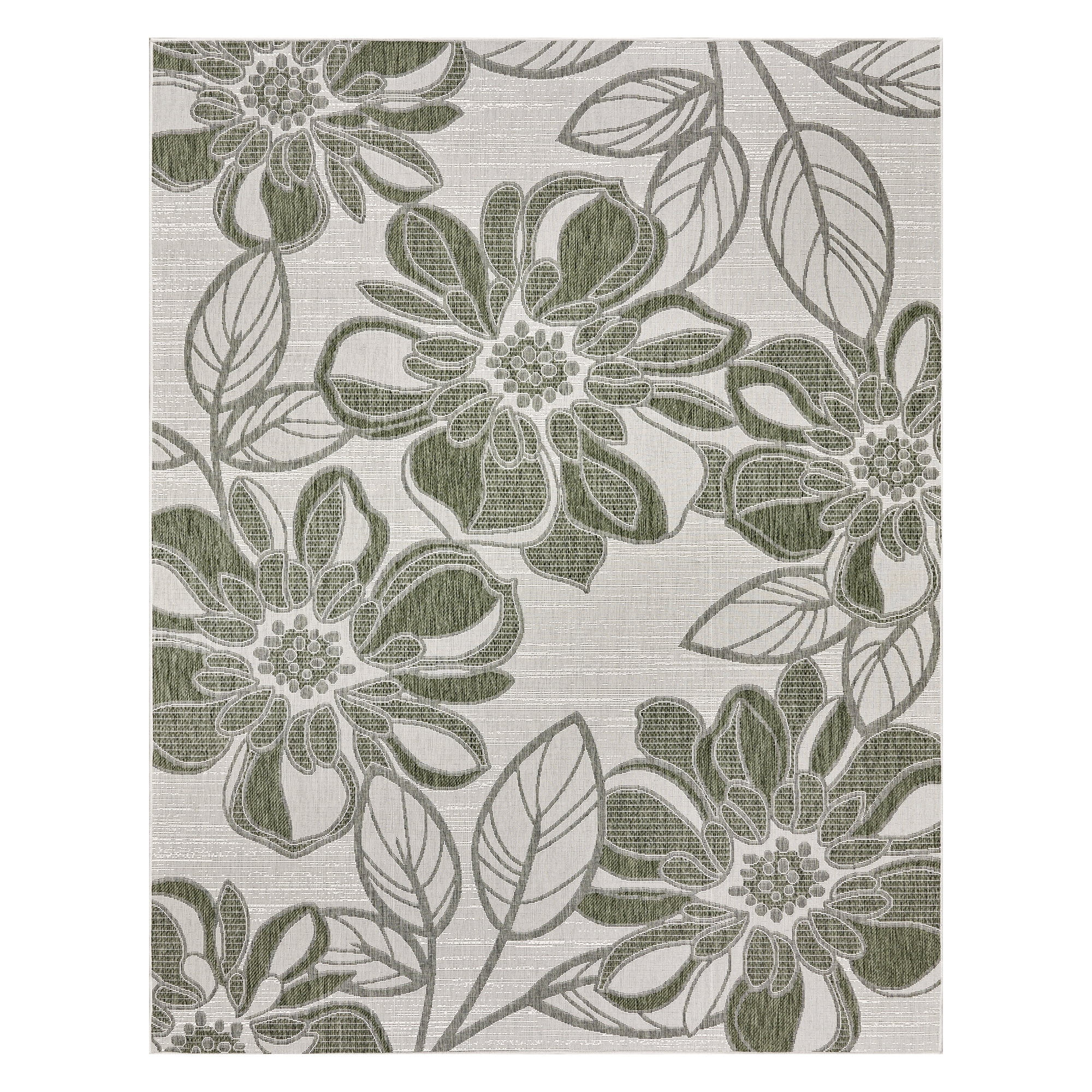 Tropea Woodbury Casual Tropical Floral Green Ivory Premium Flatweave UV Resistant Indoor Outdoor Area Rug, 8x10