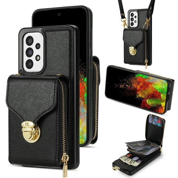 Allytech Case for Samsung Galaxy A53 5G, [Large Capacity] Wallet Case with Card Slots & Zipper Pocket, Premium PU Leather Metal Snap Kickstand Shockproof Case with Shoulder Strap, Black