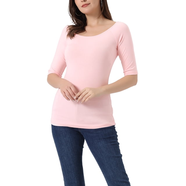 Inspire Chic Conjunto Blusas de Cuello Barco para Mujeres, Manga Corta, Ajustadas, Capa Suave, T-Shirt M Rosa Claro