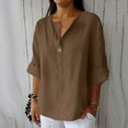 thumbnail image 5 of Fmbrln Womens Plus Size Summer Linen 3/4 Sleeve Tops Fashion Casual V Neck Button Solid Color Shirts Comfy Loose Blouse Brown M, 5 of 5