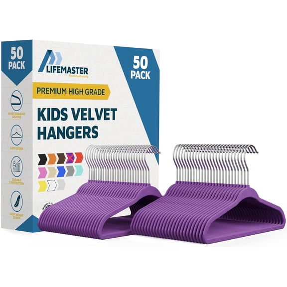 Lifemaster Velvet Kids Hangers, 50-Pack Non-Slip Baby & Toddler Clothes Hangers, Slim Space-Saving with Swivel Hook, Purple