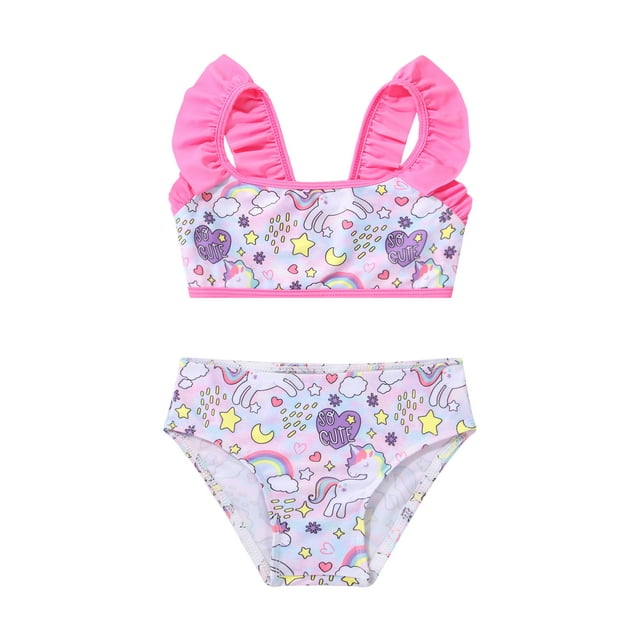 iefiel Little Girls Mermaid 2 Pcs Swimsuits Fishscale Printed Ruffles Straps Swim Top with Bikini Brief Pegasus Colorful 5