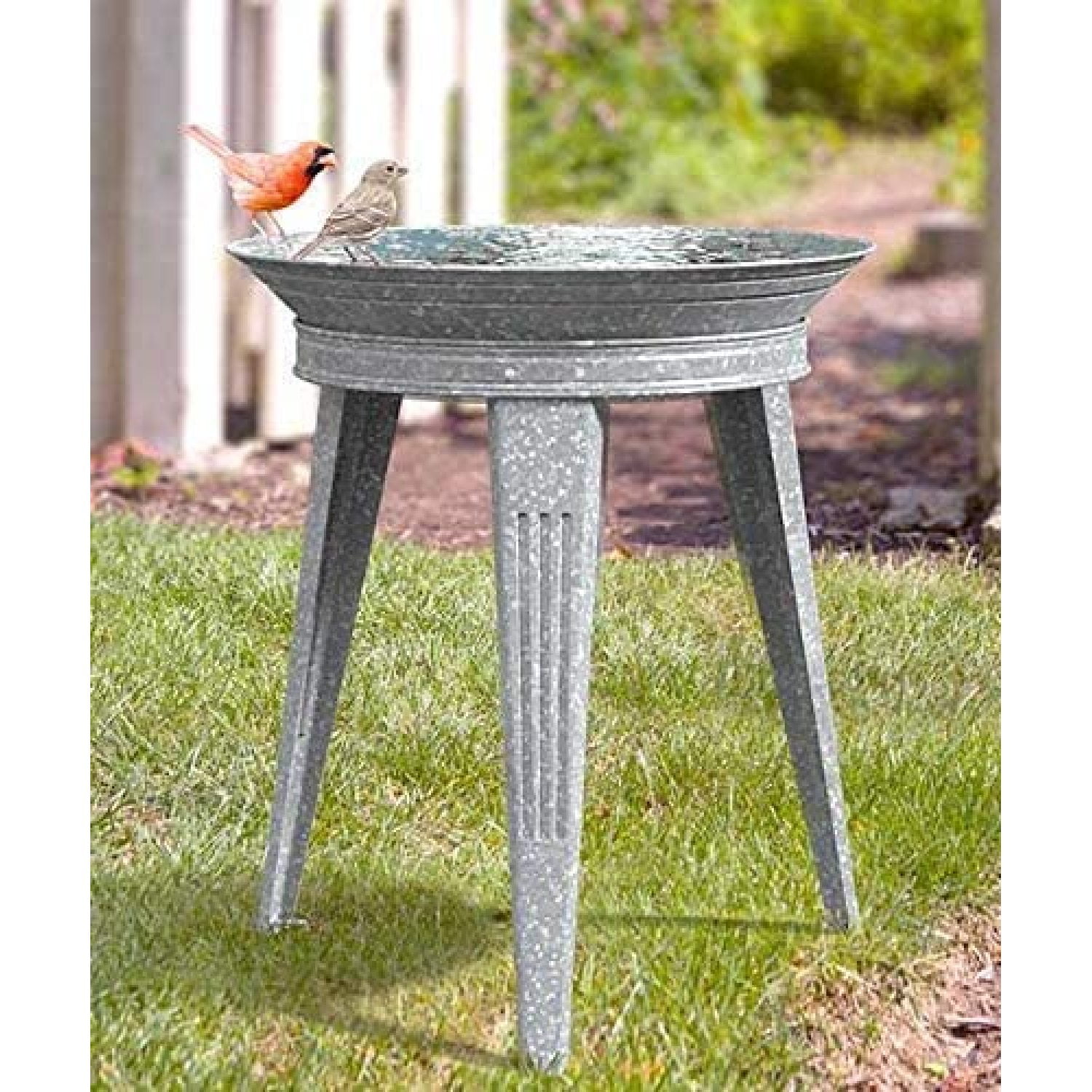 Stan Vintage Metal Bird Bath and Stand, Galvanized, Gray, Metal bird