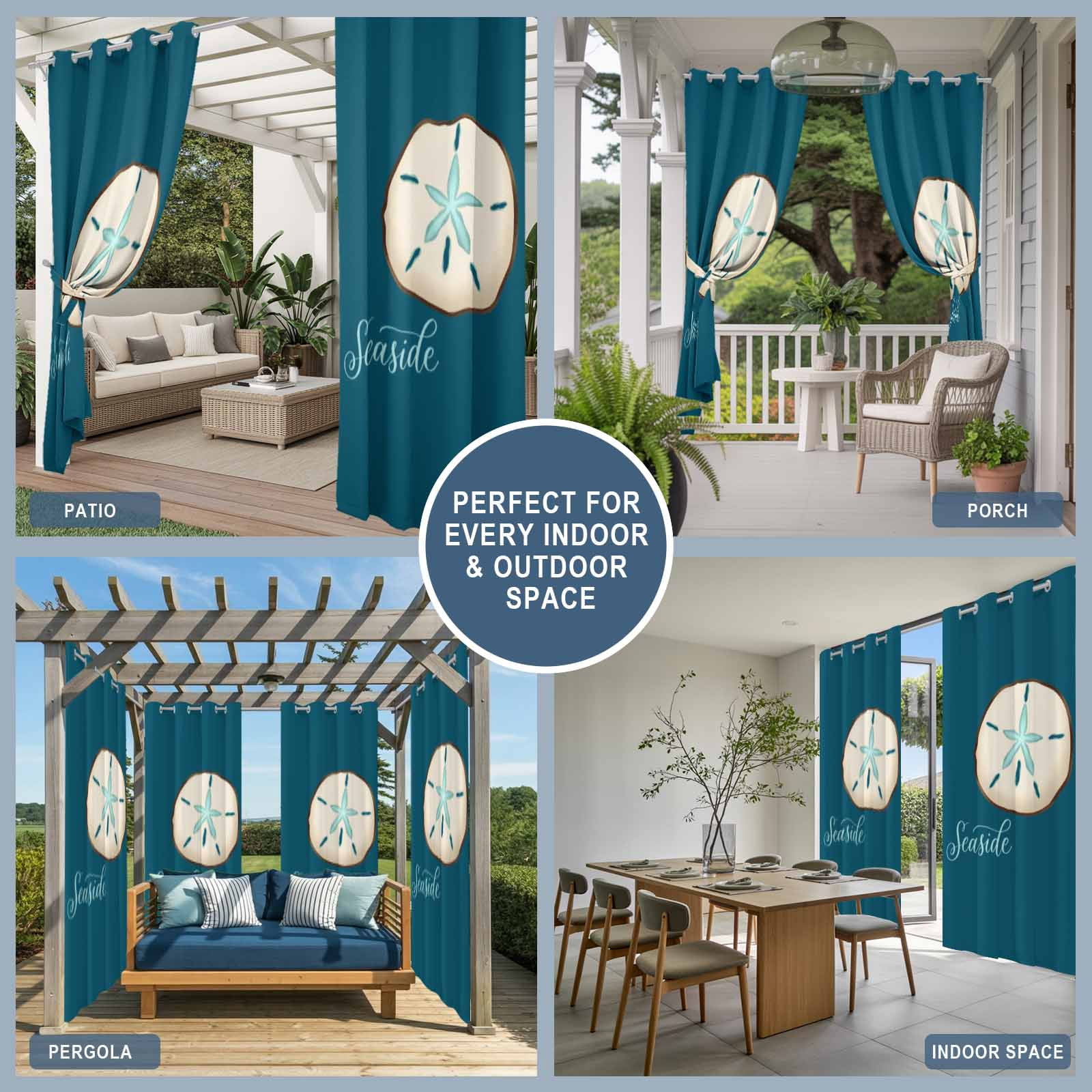 Seaside Shell Outdoor Curtains for Patio, Vintage White Shell Teal Green Texture Sunshade Privacy Drapes Grommet Waterproof Outside Curtains for Porch/Cabana/Balcony 54"x 108", 1 Panel