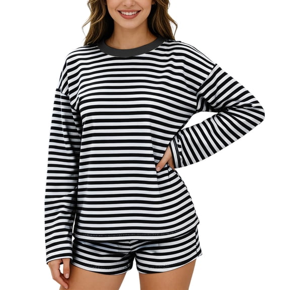 BOOMNY Womens 2 Peice Sets Striped Long Sleeve Tops Shorts Outfits for Women Summer Casual Matching Sets