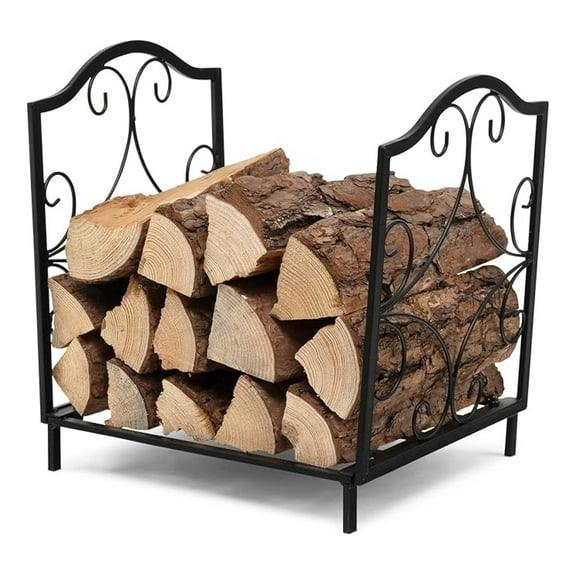 1.5Ft/17.5” Firewood Rack Outdoor Indoor, Heavy Duty Firewood Rack Bracket with Patterns & Raised Legs, Decorative Log Rack Wood Holder, Fireplace Wood Storage Rack, Easy Assembly