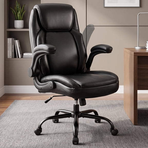 Qusaphy 600LBS Big and Tall Executive Office Chair, PU Leather Ergonomic Desk Chair with 5-Layer Pocket Spring Cushion, Flip-Up Arms,Heavy Duty Chair for Home or Office Black