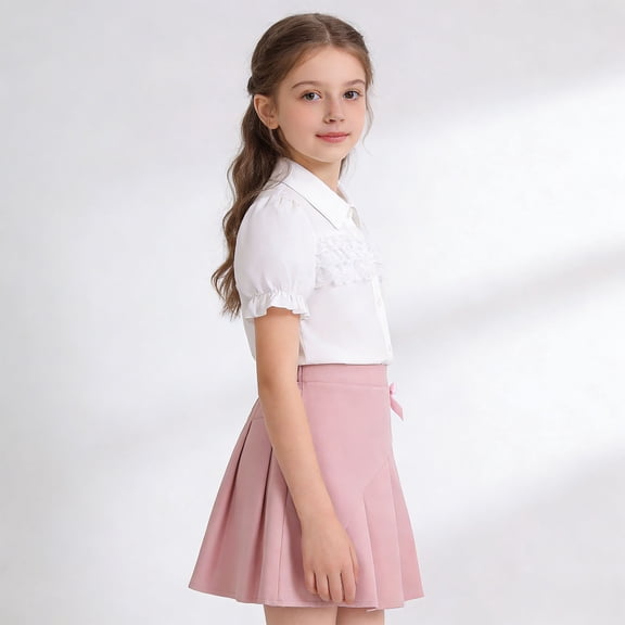 Girls Clothes Summer Formal Outfit Short Sleeve White Shirts with Pleated A-Line Skirt Set Children's Day 8-9 Years