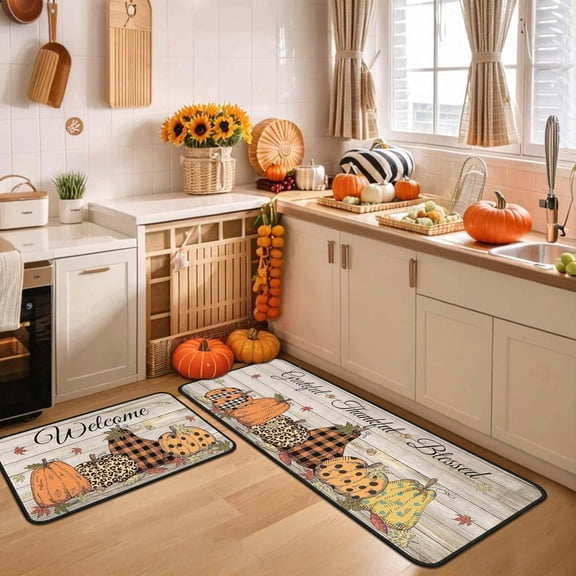 Buffalo Plaid Pumpkin Welcome Fall Kitchen Rugs Set of 2, Maple Leaves Thanksgiving Autumn Floor Kitchen Mat for Fall Home Holiday Party Decor 17"x47" 17"x30"