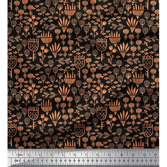 Soimoi Black Cotton Voile Fabric Leaves & Clover Flower Clip Art Print Fabric by the Yard 42 Inch Wide