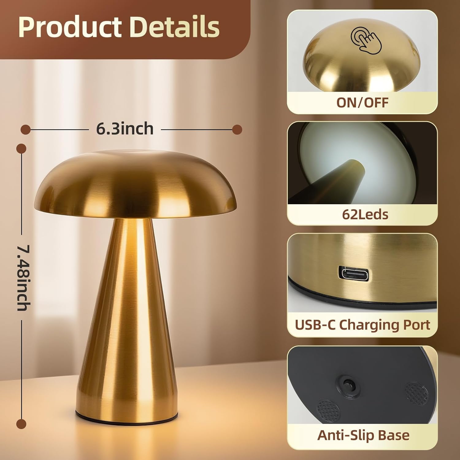 Portable LED Desk Lamp, Rechargeable Battery, 3-Color Touch Control, Cordless Table Lamp with Stepless Dimming, Modern Bedside Lamp for Bedroom, Living Room, and Dining Room