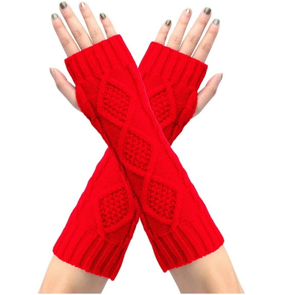 Elainilye Fashion Women's Winter Fingerless Gloves Rhombus Knitted Wool Gloves Winter Warm Half Finger Mittens Fingerless Long Gloves,Red