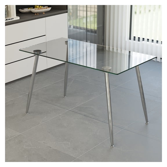 Glass Dining Table, Modern Rectangular Table with Tempered Glass & Sliver metal Legs, Simplistic Kitchen Table, Versatile Table for Home Office (0 damage)