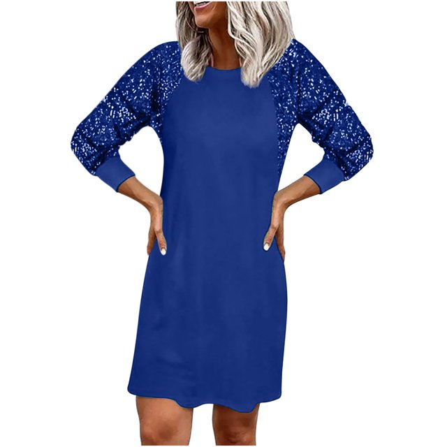 Mini vestido de manga raglán con empalme de lentejuelas a la moda para mujer, vestido informal de Color sólido de manga larga para vacaciones en casa Pompotops hdfakjf1440