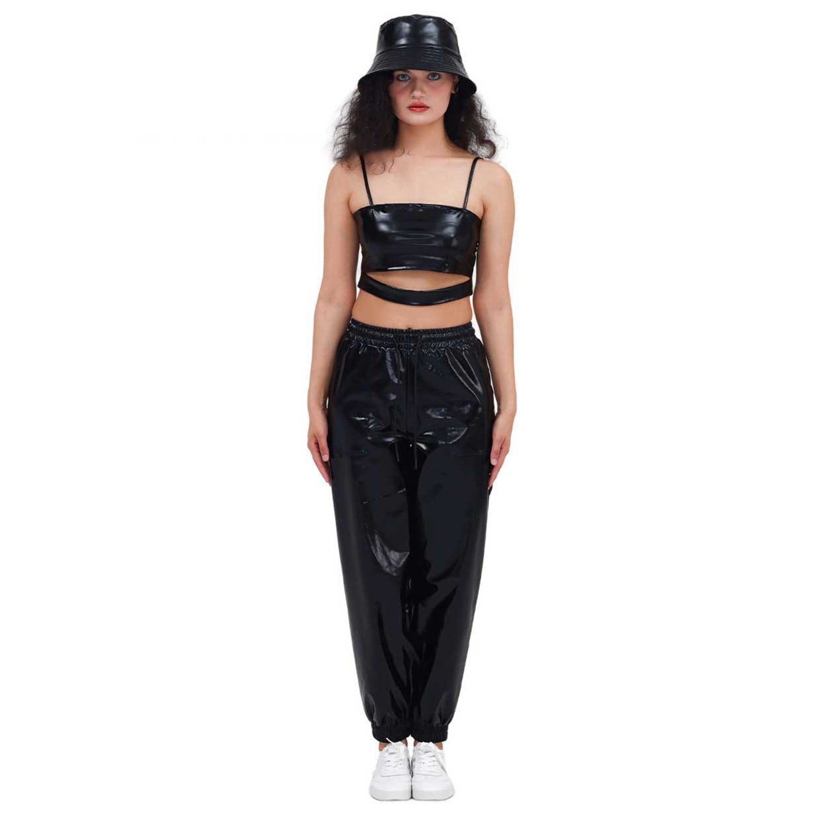Metallic Pants Women 2026 Trendy Hop Wet Look Rave Dance Pants Holographic Glitter Pants Jogger Sweatpants with Pockets