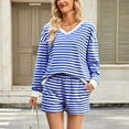 thumbnail image 4 of Caywon Women's Striped Print Patchwork Two-Piece Set Loose V-Neck Long Sleeve Top and Elastic Waist Shorts with Side Pockets Casual Outfit for Spring Summer, 4 of 5