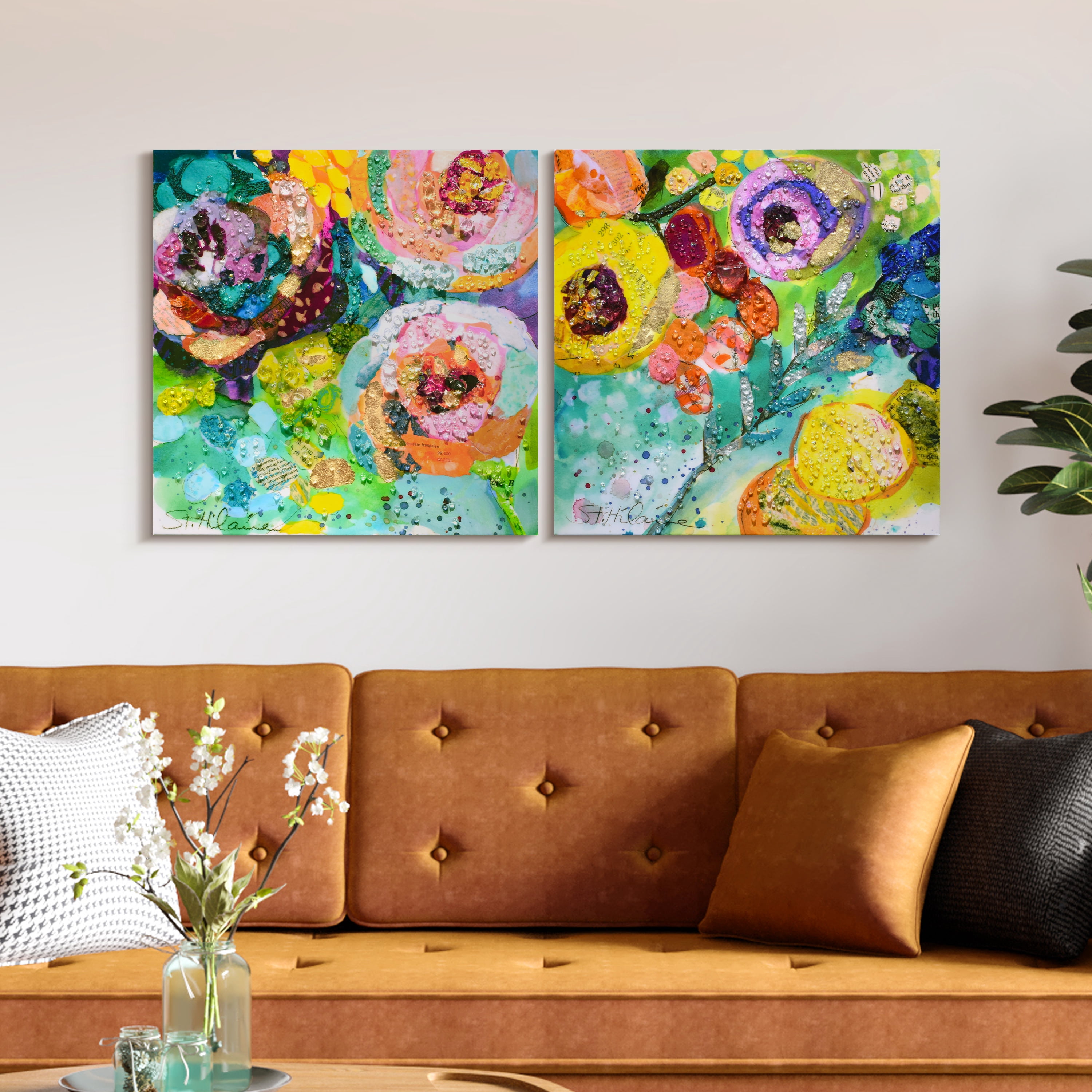 "Floral Radiance I & II" Crystallus Epoxy Coated Wrapped Glossy Canvas Wall Art with Heavy Acrylic Crystal Shards Embellishments, Gold Foil Accents