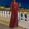 thumbnail image 2 of JULMCOMO Jumpsuits for Women Sequin Wide Leg Deep V Neck Dressy Jumpsuits Long Sleeve Belted Waist Evening One Piece Summer Rompers Wine 2XL, 2 of 6