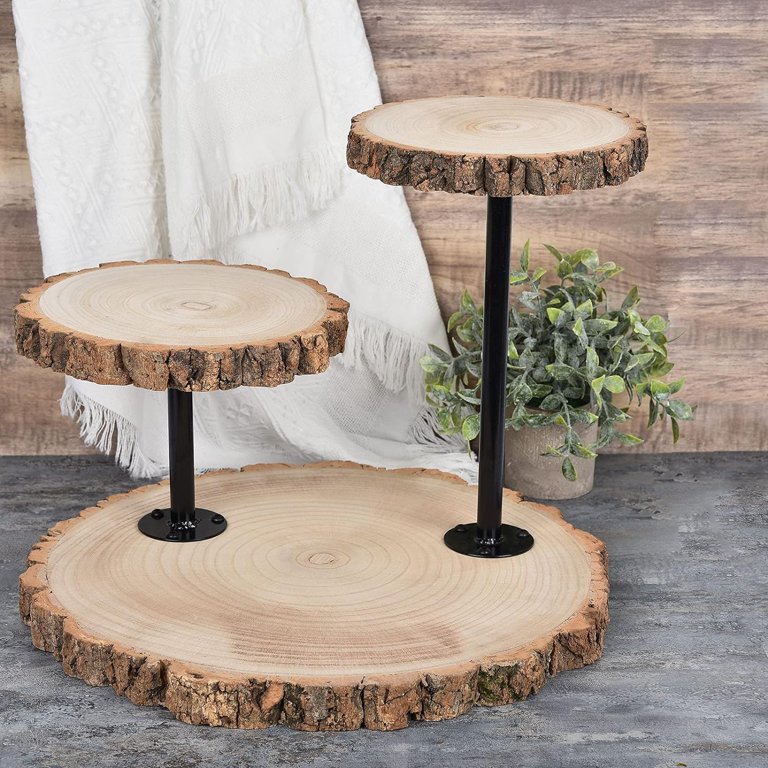 Wood Cake Stand 14-Inch Round Tiers Brown with Black Natural
