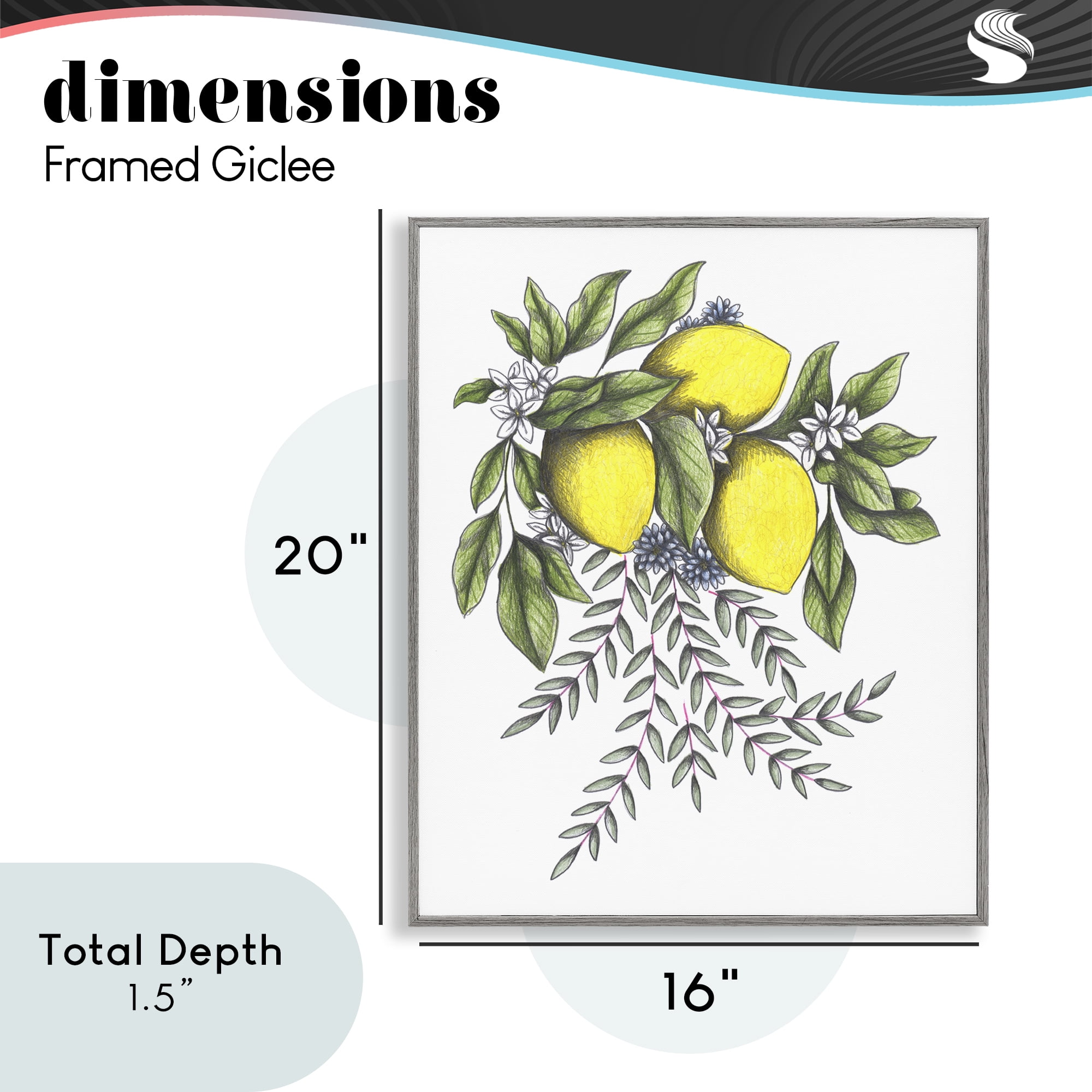 Lemons & Flowers Vintage Sketch Gray Framed Giclee Art, design by Cecilia Battaini