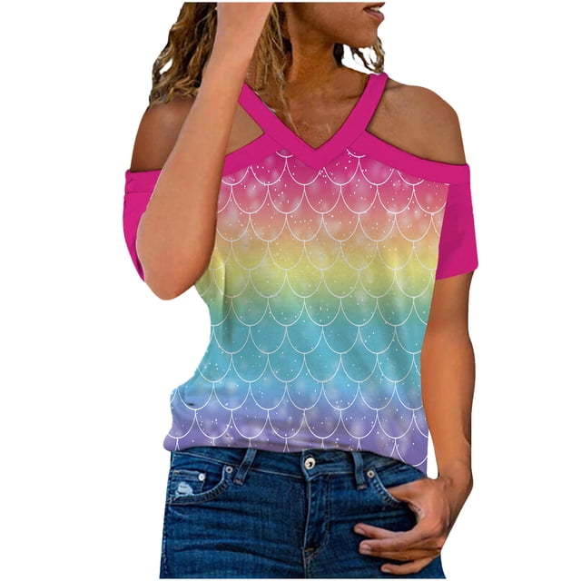 Tops con estampado de hombros descubiertos de manga corta con cuello en V para mujer Pompotops hkajfhjk466916