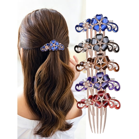 Sankuwen 5 Pcs Rhinestone Flower Decorative Hair Side Combs, Gold Metal Bridal Bun Hair Clips for Women Thick Hair