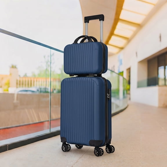 2 Piece Hardside Carry On Luggage Set – Dark Blue ABS Hard Shell 20" Spinner Suitcase with 14" Mini Makeup Case for Travel & Business