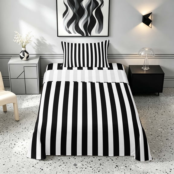 Manfei Geometric Stripe Twin Sheets,Contemporary Minimalist Bedding, Black White, Reversible 3 Pieces1 Flat Sheet 1 Fitted Sheet 1 Pillowcase