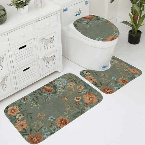 Boho Floral 3-Piece Bath Rug Set, Non-Slip Ultra-Thin Polyester Bathroom Mats, Washable Low-Pile Rugs for Toilet, Tub, Sink, and Entryway