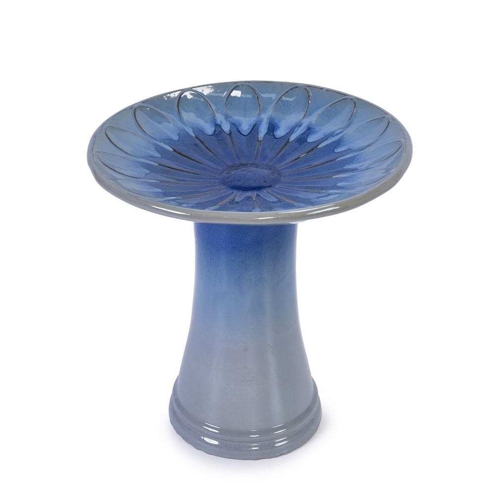 Hand-Glazed Ceramic Bird Bath, 17" Daisy Petal Embossed Basin with 18" Pedestal Base, Light Gray-to-Sapphire Blue Ombre Gradient Finish, Outdoor Birdbath for Yard Lawn Patio Backyard