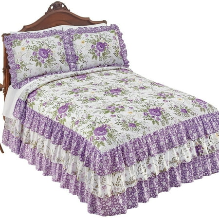 - Country Purple Floral 3-Tier Ruffled Bedspread with Quilted Top - Seasonal Bedding, Queen, Lavender