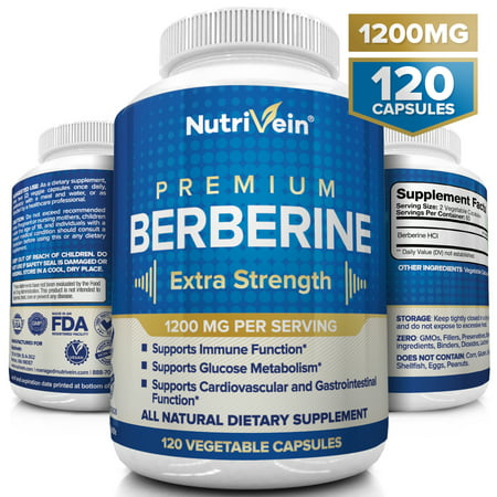 Nutrivein Premium Berberine HCI 1200mg - 120 Capsules - Supports Glucose Metabolism, Immune System, Blood Sugar, Cardiovascular & Gastrointestinal Function - Insulin Stabilizer For Diabetes - Non (Best Form Of Berberine)