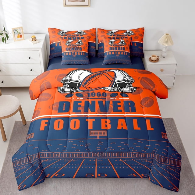 Erosebridal Football Print Bedding Queen Size,Sport Gamer Comforter Sets with Sheets,Microfiber Reversible Bedding Sets Queen Size,Sport Theme Decor(Denver),7 Pieces