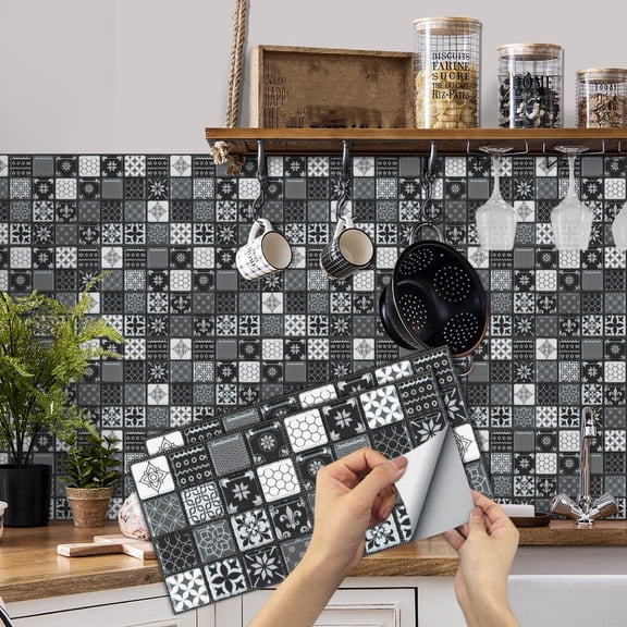 6Pcs Self AdhesiveTile Stickers 11.8x5.9inch Mosaic Flower Decorative  Wall Decals Waterproof Vinyl Peel and Stick Kitchen Backsplash Wallpaper