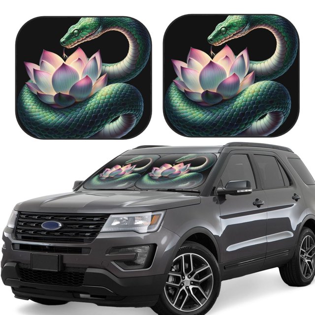 Balery Snake Holding A Lotus Parasol para parabrisas de coche de 2 piezas | Parasol plegable para parabrisas delantero de coche para la mayoría de sedanes-Small