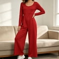 thumbnail image 6 of Lenpel Womens Casual Jumpsuits Square Neck Long Sleeve Back Zipper Rompers Solid Color Wide Leg Fashion Fall Clothes(Red,Large), 6 of 7