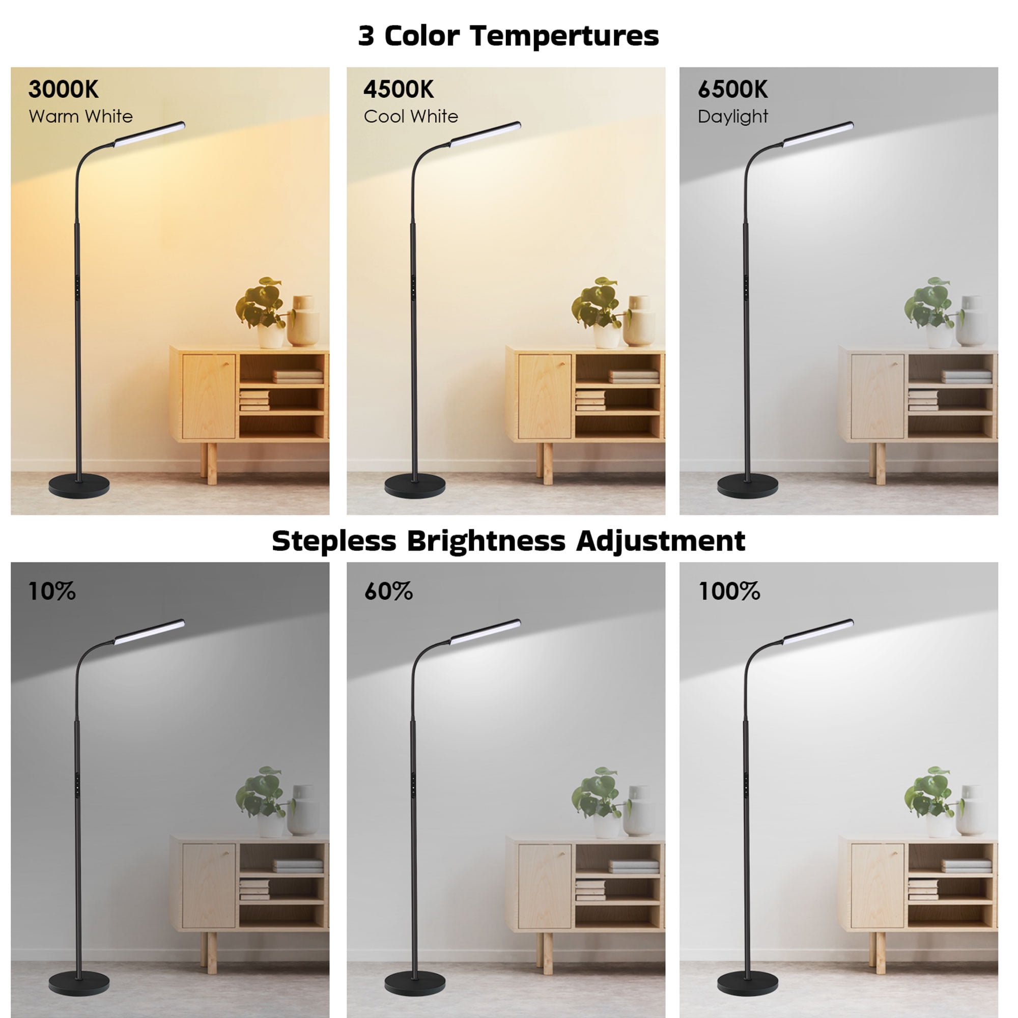 Kapwan LED Floor Lamps for Living Room,3 Color Dimmable Floor Lamp with Remote & Touch Control, Standing Lamp with 1H Timer for Bedroom Office Piano (Black Modern)