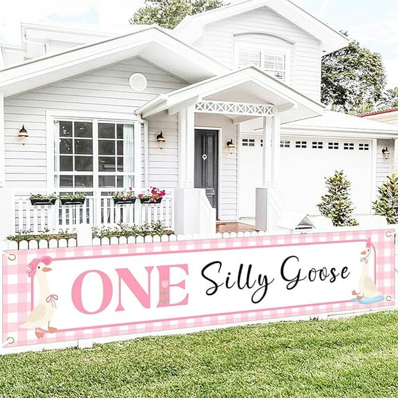 One Silly Goose Yard Banner, Goose 1st Birthday Party Decoration Pink Farm Animal Theme Yard Sign Backdrop Our Little Goose is Turning One Party Decor for Girls First Birthday Supplies