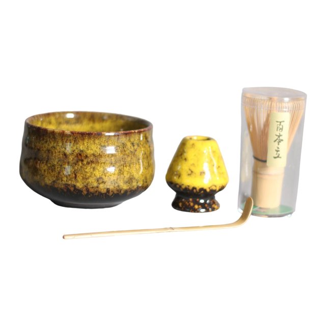 Juego de Matcha japonés Yotijar cuenco de Matcha tradicional Soporte para batidor Matcha 4 piezas Amarillo