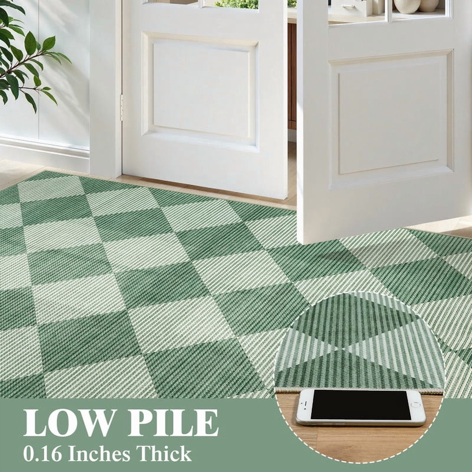 SUNDEREY 5'x7' Easy Jute Area Rugs for Living Room, Non-Slip Washable Rugs for Bedroom, Modern Farmhouse Diamond Checkered Rug, Moroccan Neutral Soft Low Pile Carpet for Office Dining Room, Green
