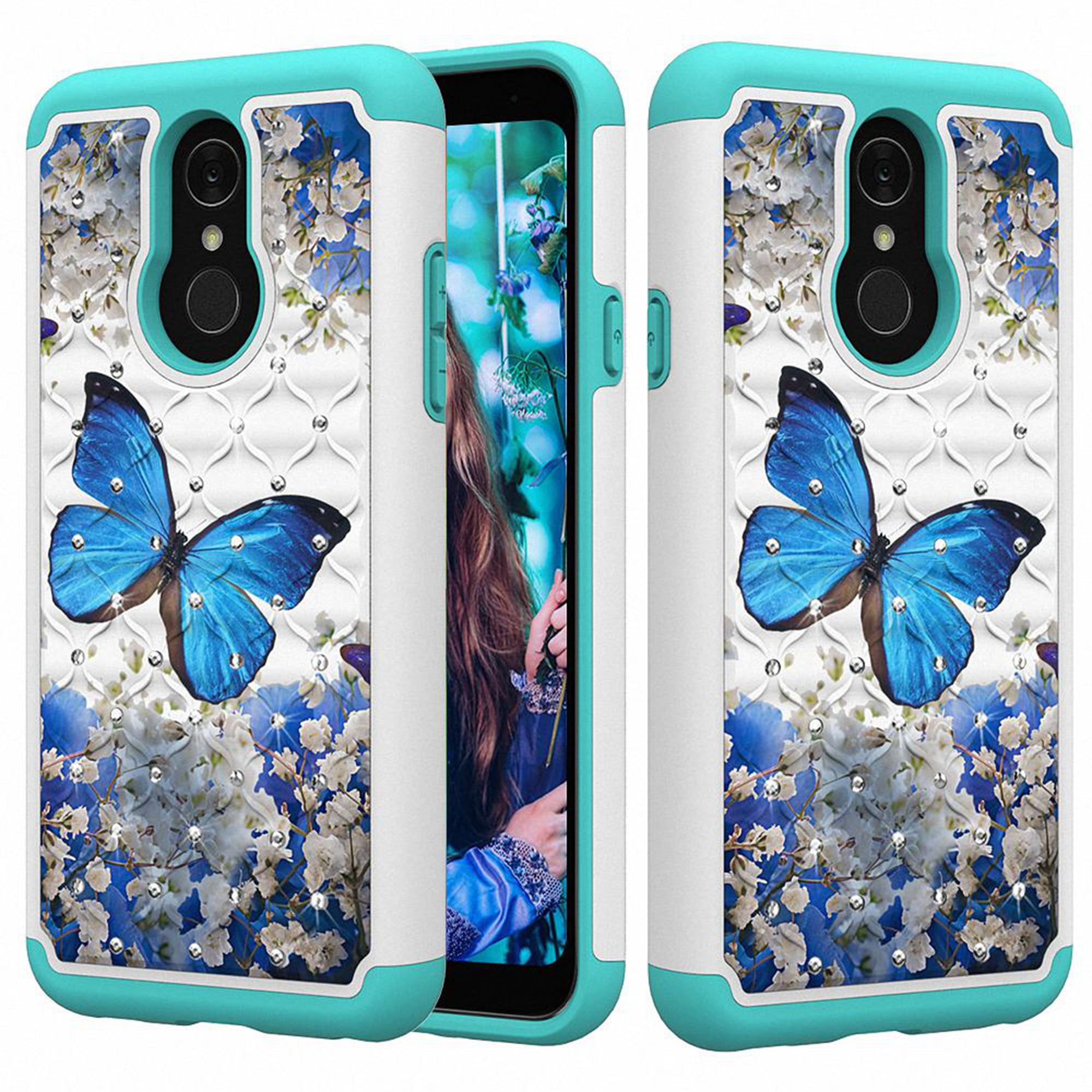 LG Q7 Plus Case,Tznzxm 2 in 1 Dual Layer Anti-Scratch Heavy Duty Hard PC Soft Silicone Shockproof Bling Diamond Sparkly Defender Anti-Fingerprint Protective Case For LG Q7 Plus G Butterfly LG Q7 Case
