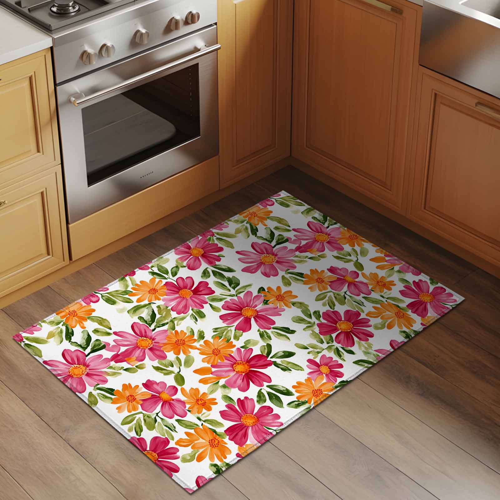 Spring Floral 2x3 Rug for Entryway Front Door Kitchen Sink Area Watercolor Pink Orange Flowers Green Leaves Farmhouse Low Pile Washable Non Slip Rectangle Area Rug