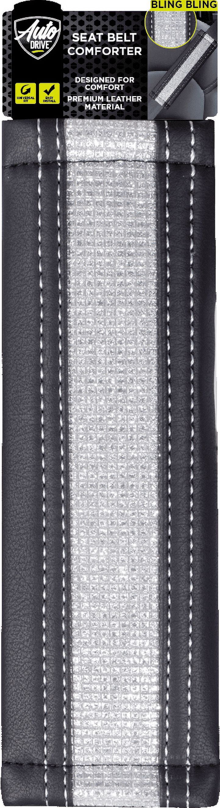 Auto Drive 1Piece Diamond Car Seat Belt Pad Faux Leather Black/Silver - Universal Fit, 23SBP100-1