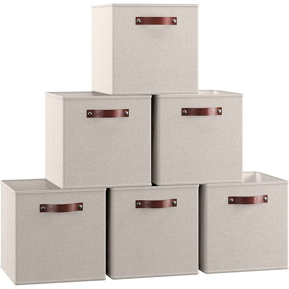 Ornavo Home 11 x 11 Storage Cube Bins, Foldable Collapsible Fabric Storage Bins Box Linen Shelf Basket Cube Organizer for Closet with Leather Handles, 6 Pack, Beige