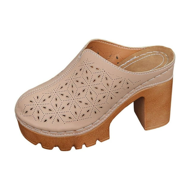 Khaki Ladies Closed Toe Heeled Slippers With Platform And Chunky Heel For Summer Home Attire And Comfort