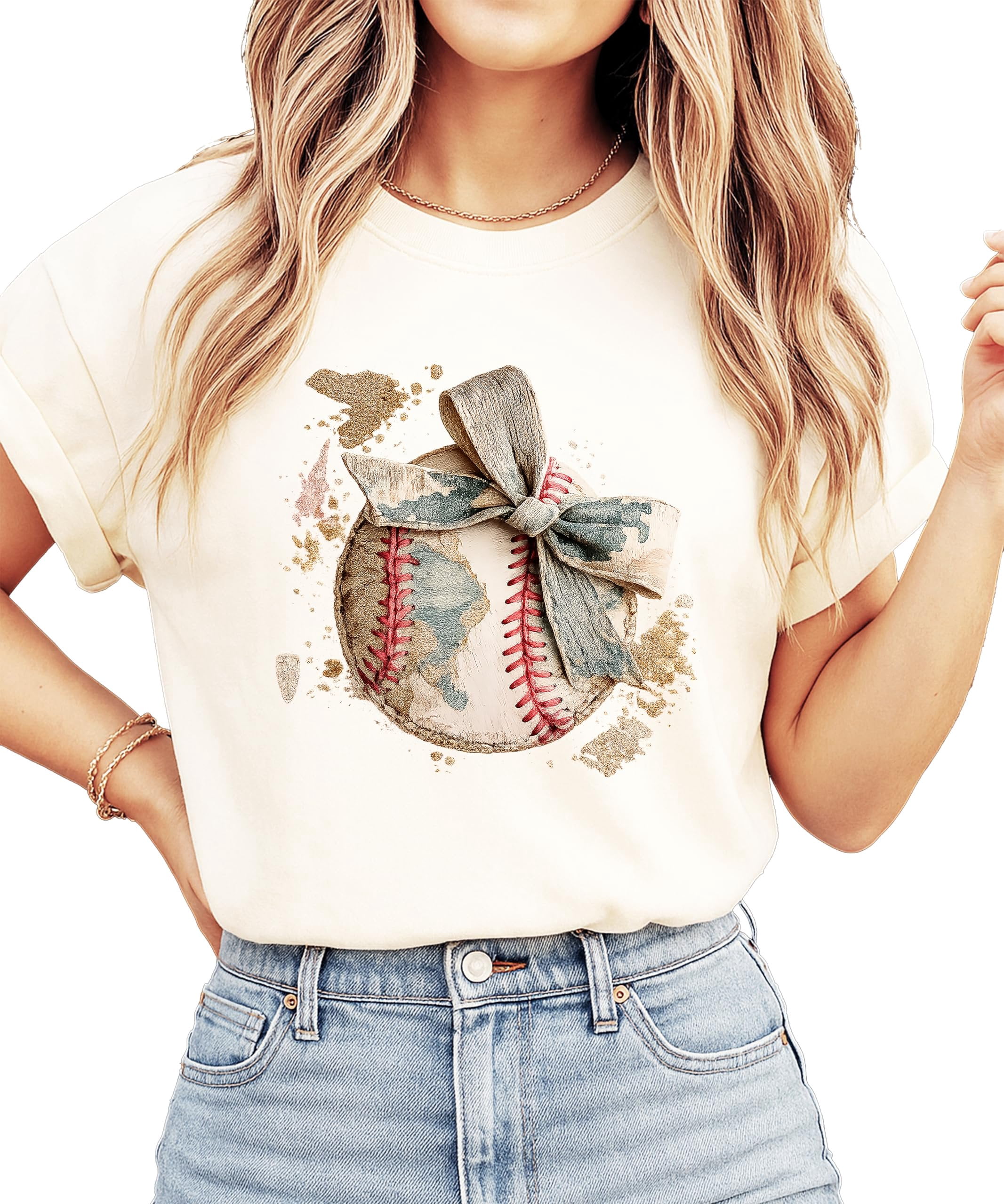 Cute Baseball Bow Shirt for Women - Coquette Game Day Tee - Trendy Sports Mom T-Shirt Ivory Shirt Adult Small