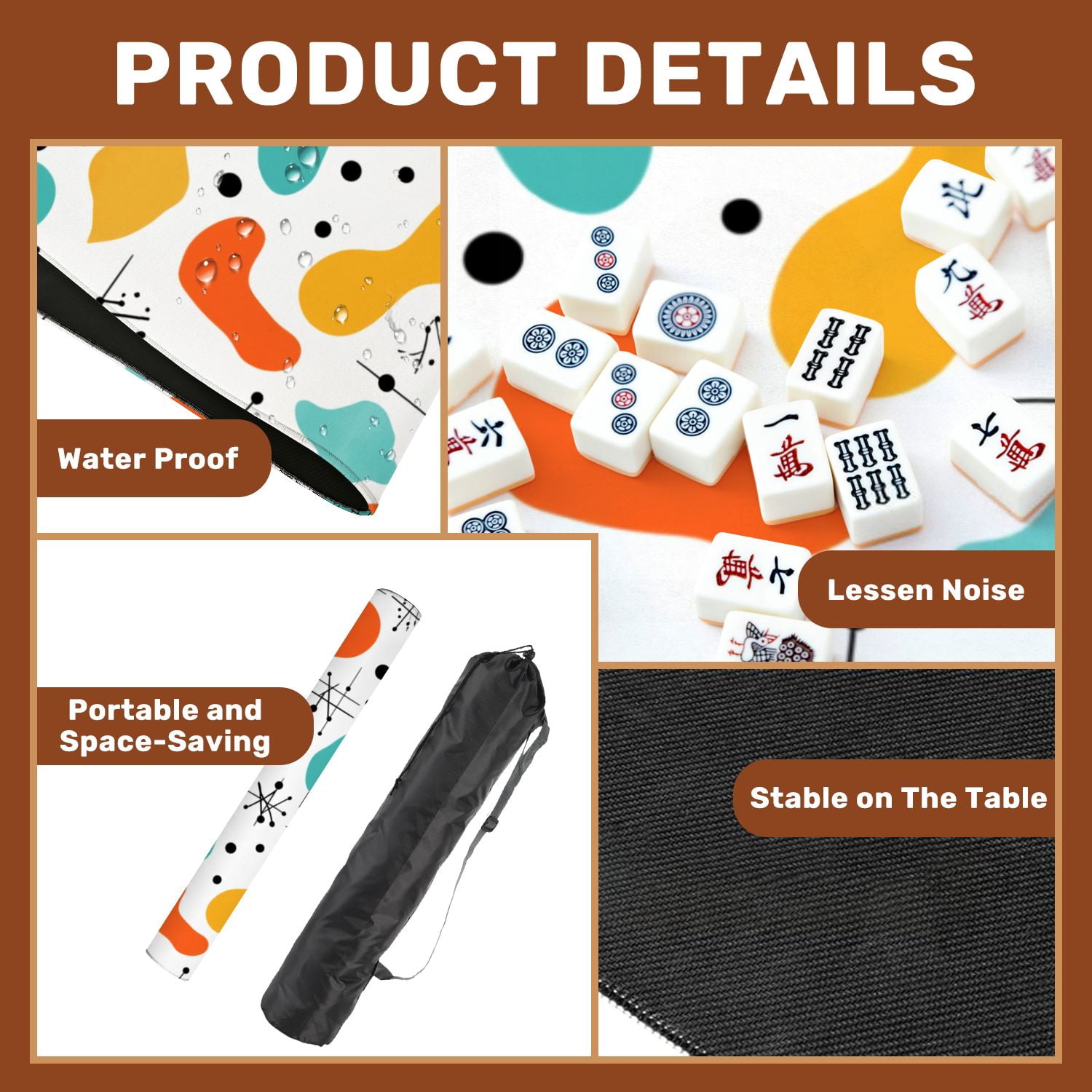 Mahjong Mat 31.5" x 31.5" Retro Mid Century Abstract Vibrant Shapes Black Line Elements Non-Slip Noise Reduction American Mahjong Tiles Table Cover for Dominoes Poker Card Board Games Gift