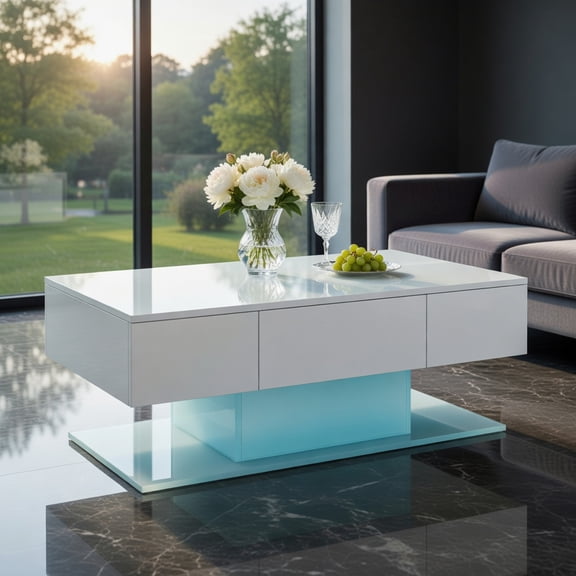 Kadyn Cocktail Tea Table,Coffee Table,Sofa Table Tea Table,Modern LED Coffee Table with 20 Color LED Lights and 2 Storage Drawers-White