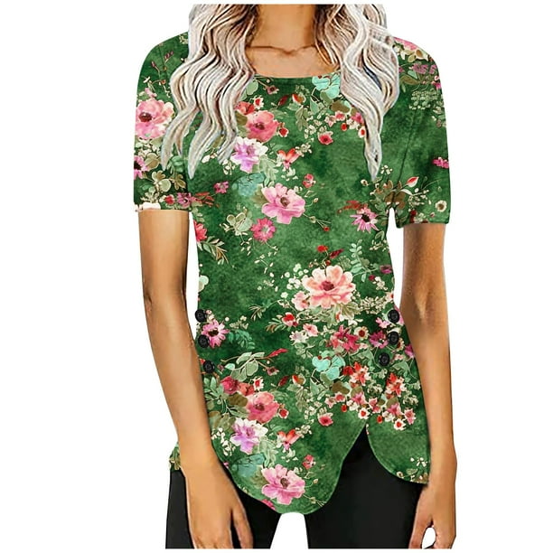 Blusas de Manga Corta para las Mujeres Botón Impreso Cuello Redondo Top Casual, Blusas para las Mujeres Casual
