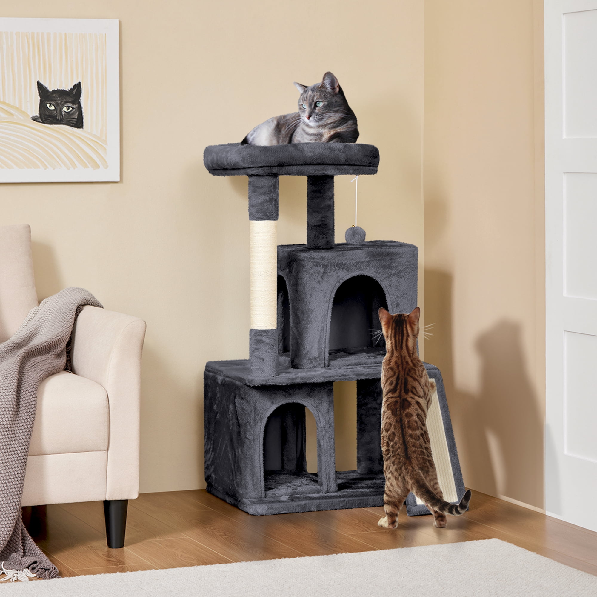 Alden Design 42" Multilevel Cat Tree Tower with Double Condos for Cats Kittens, Dark Gray